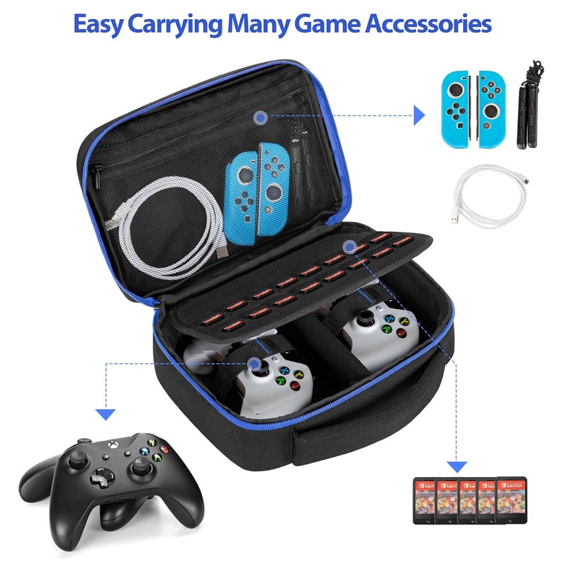 PGmoon Travel Carrying Case Compatible With PS5 / PS4 / Xbox / Switch Pro Controllers, Protective Storage Bag for 2 Controllers & Accessories, Blue (Patent Design) - Image 3
